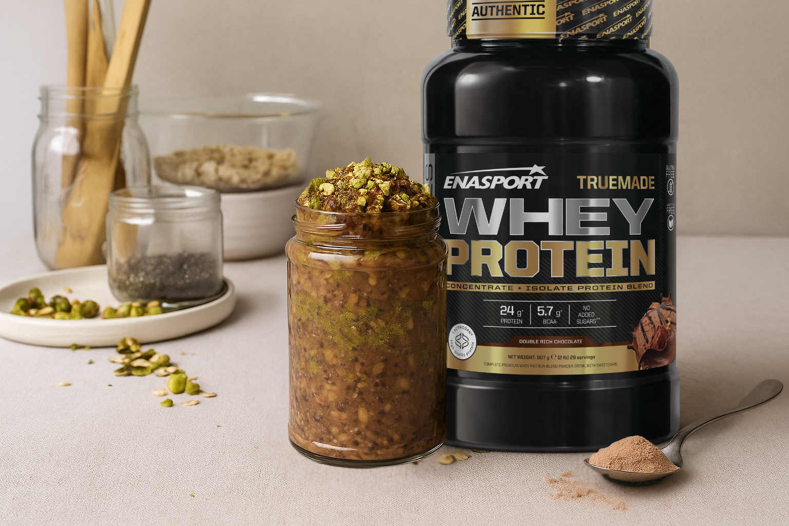 Avena proteica de chocolate y pistachos